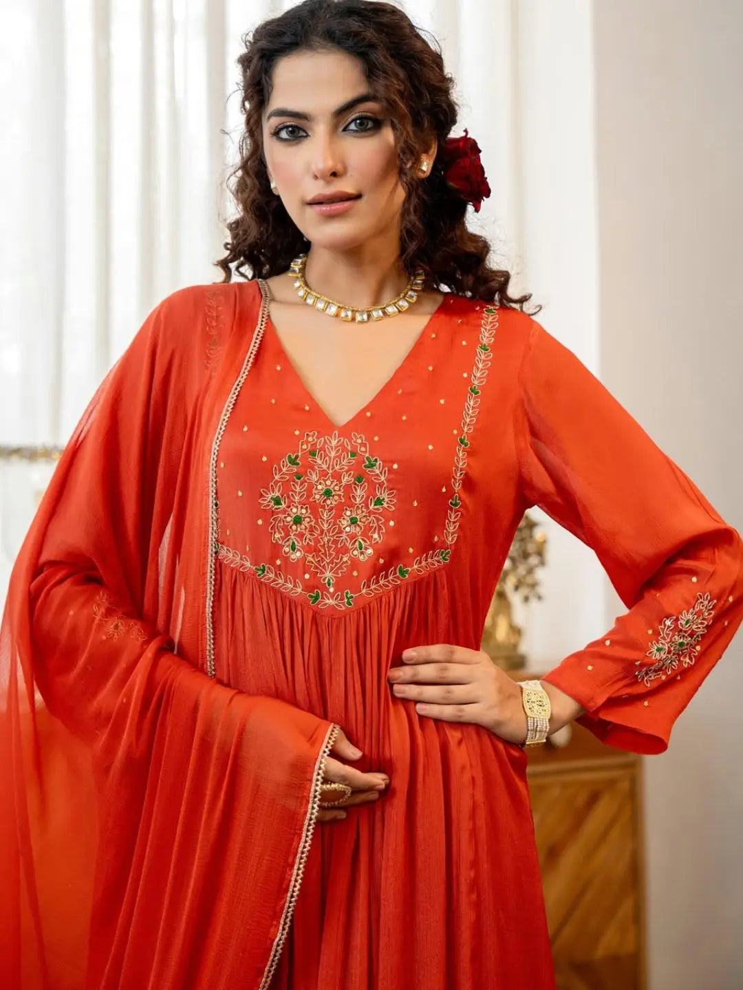 Elegant Orange Embroidered Anarkali Kurta Set with Dupatta संgam