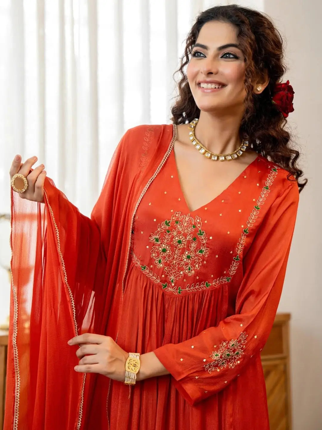 Elegant Orange Embroidered Anarkali Kurta Set with Dupatta संgam