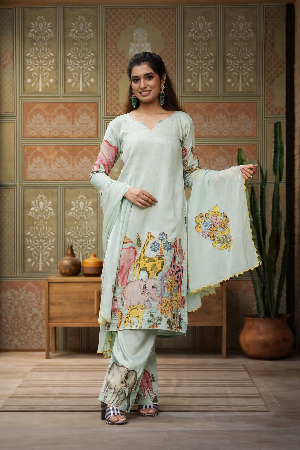 Traditional Kalamkari Print Cotton Kurta Pant Dupatta Set for Women