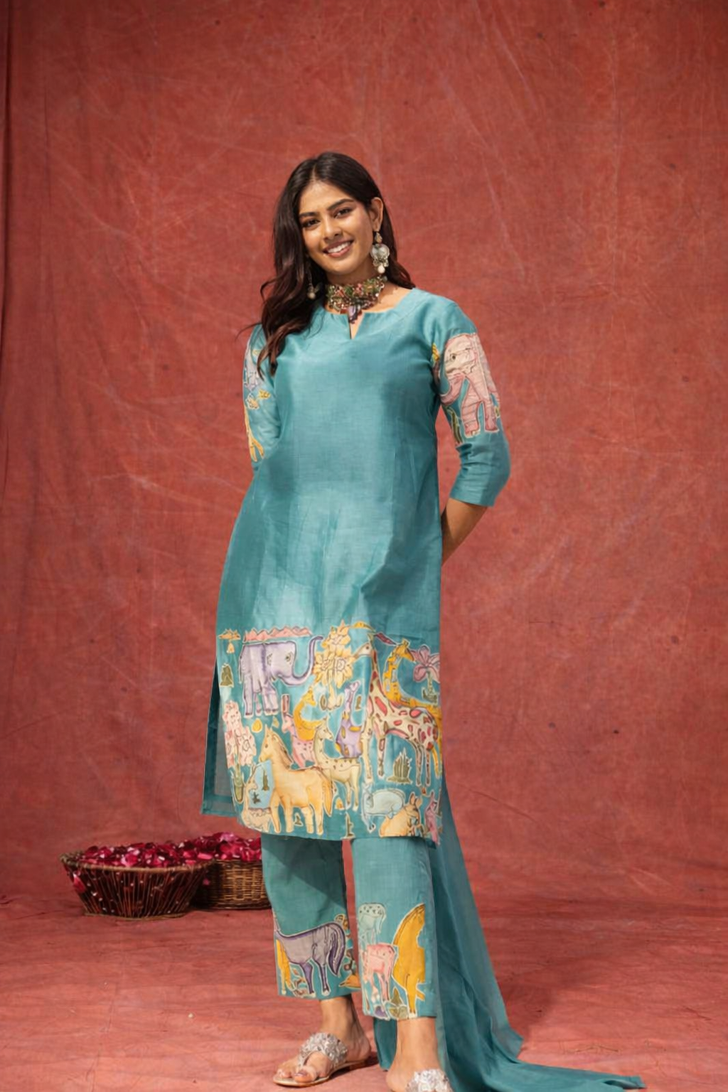 Sky Blue Kalamkari Animal Print Cotton Kurta Pant Set with Dupatta