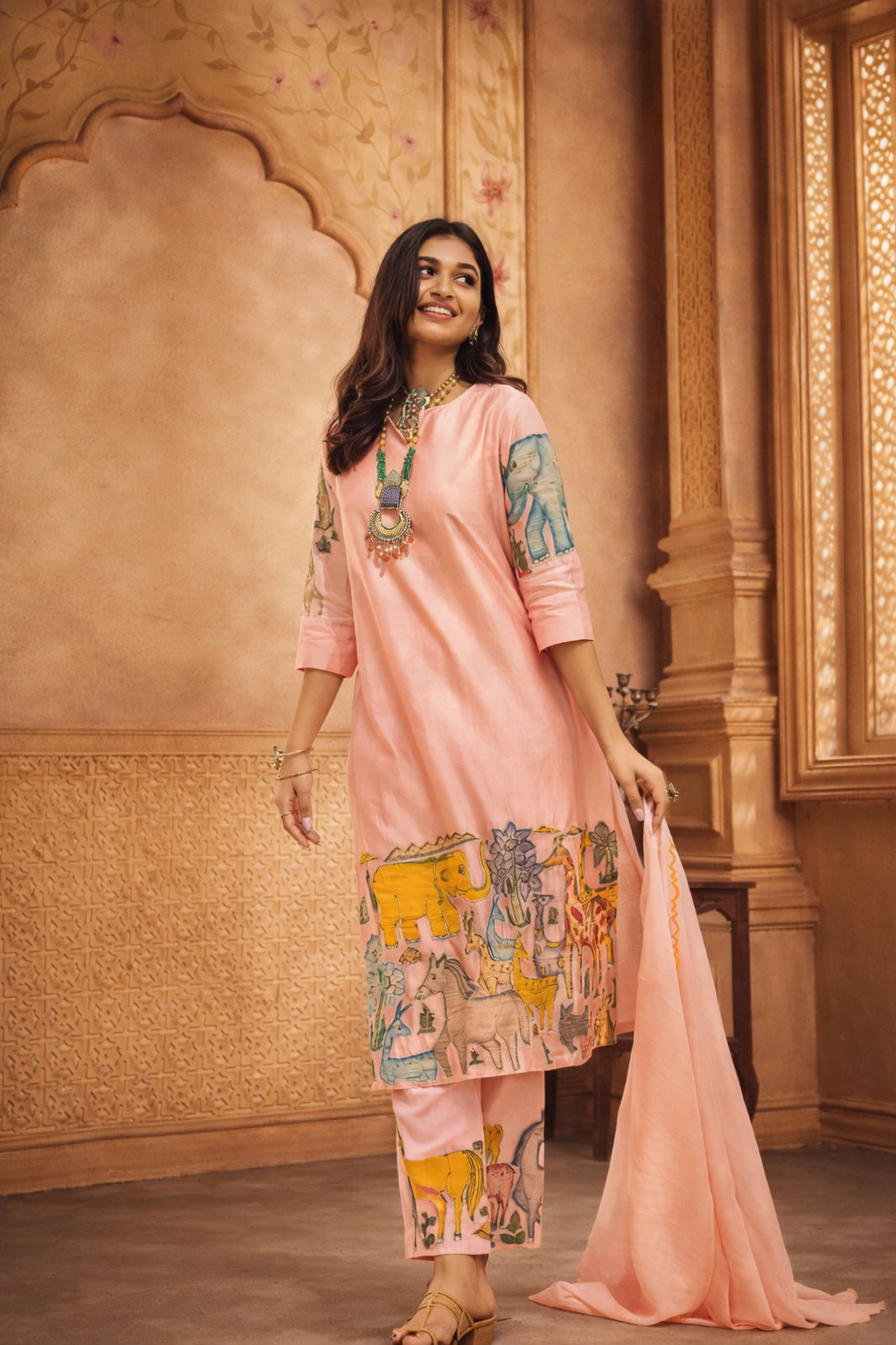 Traditional Baby Pink Kalamkari Kurti Pant Set with Dupatta