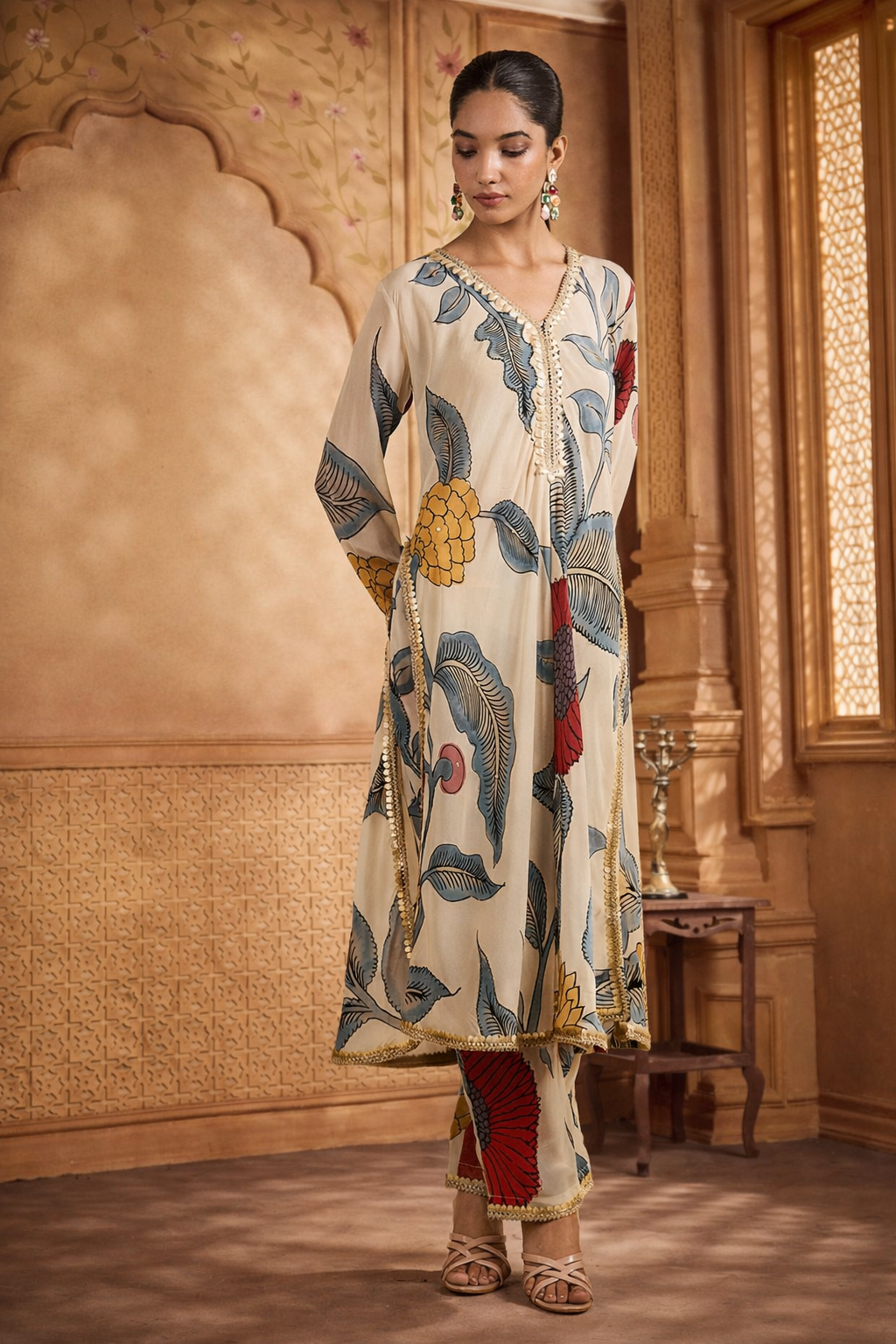 Off-White Kurta Set with Shell Lace Trim and Multi-Color Floral Print