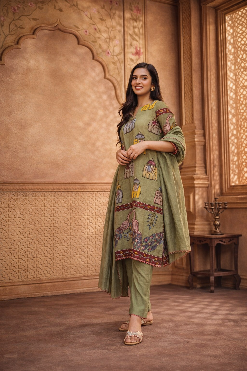 Olive Green Kalamkari Elephant Print Cotton Kurta Set with Dupatta