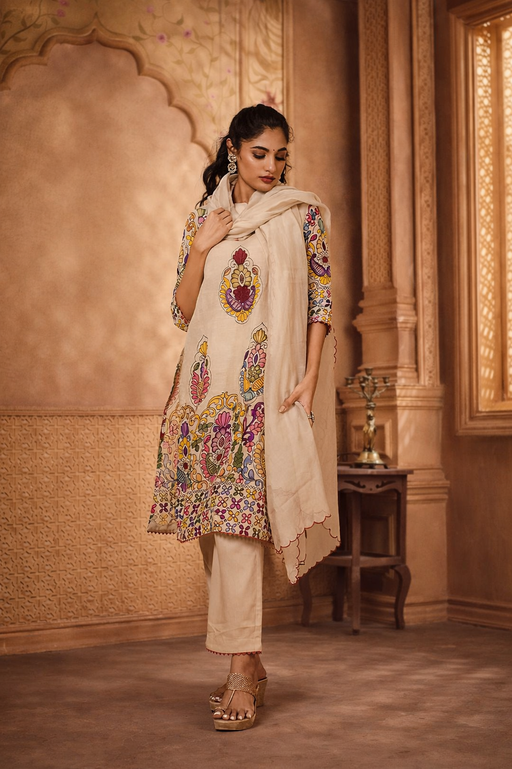 Elegant Cotton Kalamkari Beige with Multicolor Design Kurta Set with Dupatta