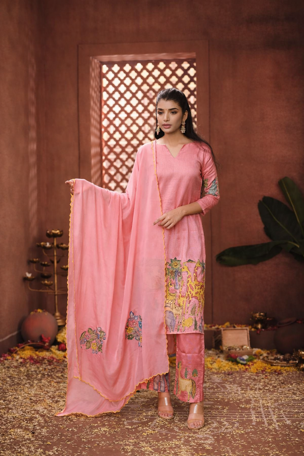 Premium Blush Pink Kalamkari Cotton Kurti Pant Set with Dupatta