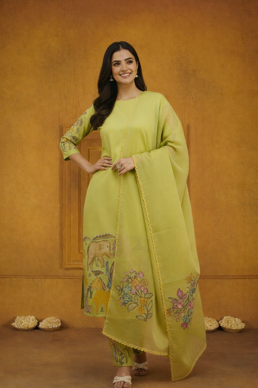 Parrot Green Kalamkari Animal Design Printed Kurti Set with Dupatta & Lace Detailing