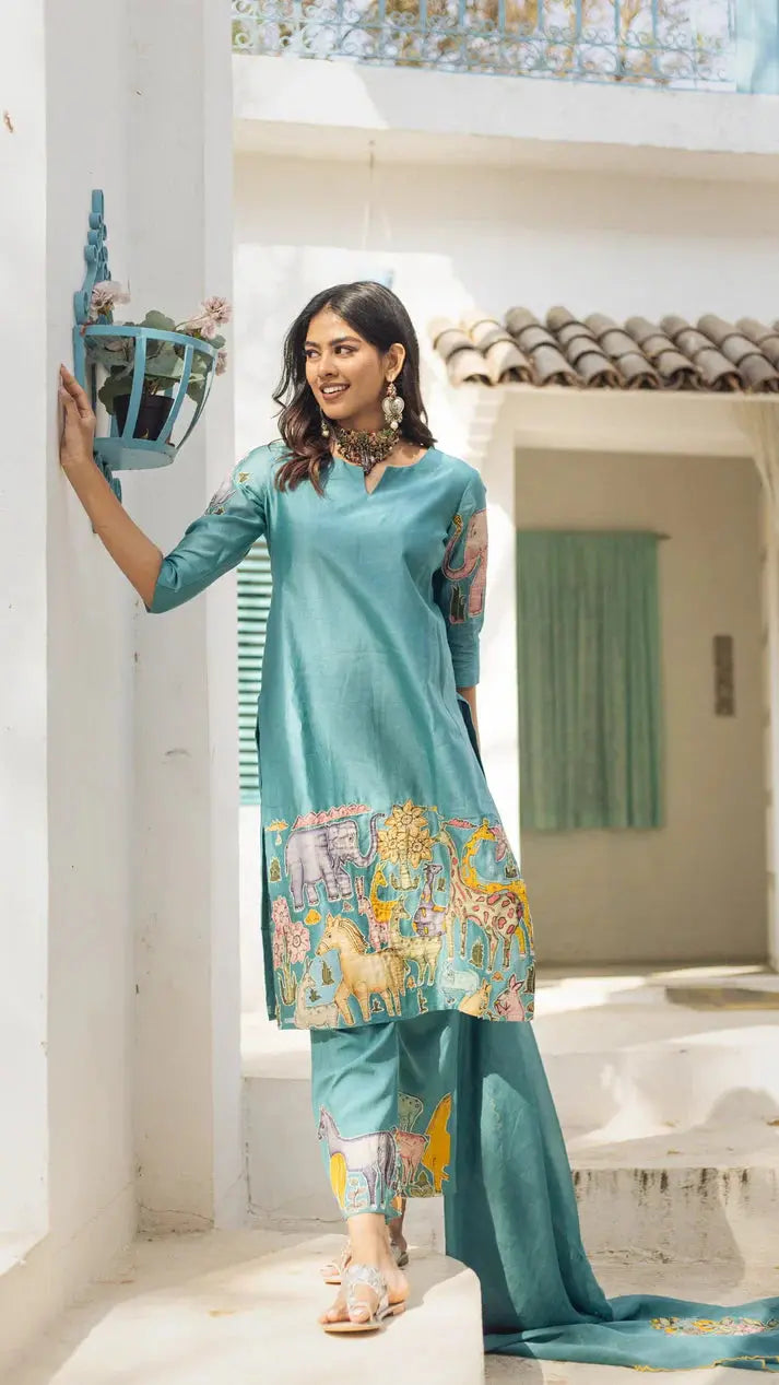 Sky Blue Kalamkari Animal Print Cotton Kurta Pant Set with Dupatta वंtara