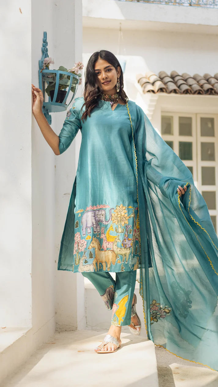 Sky Blue Kalamkari Animal Print Cotton Kurta Pant Set with Dupatta