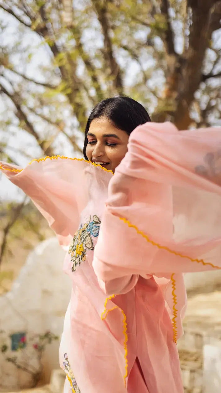 Traditional Baby Pink Kalamkari Kurti Pant Set with Dupatta वंtara