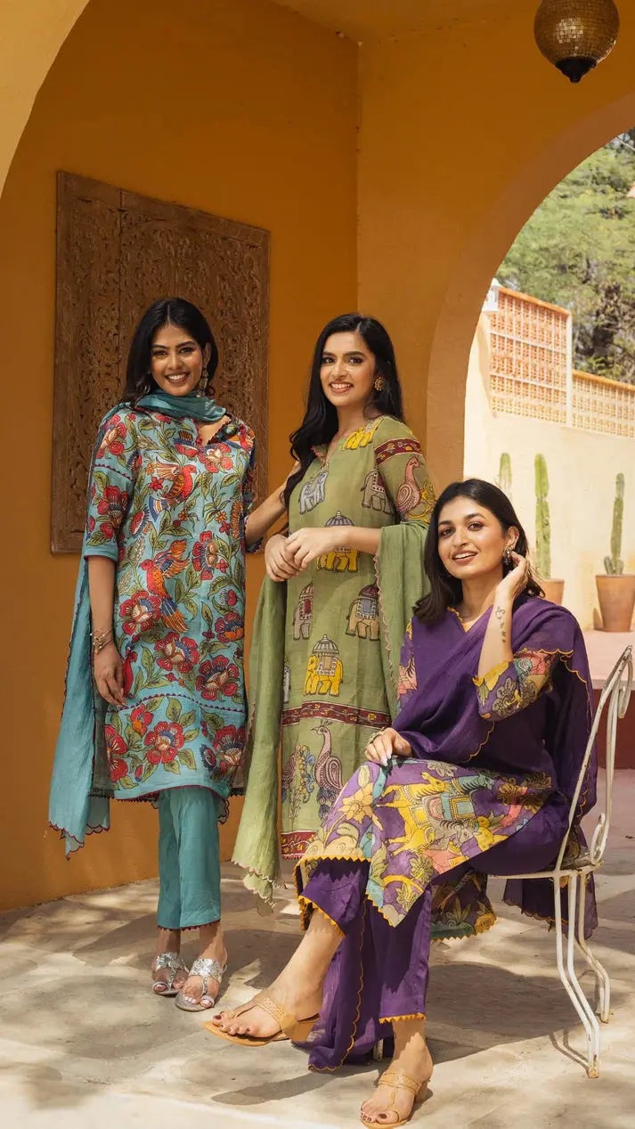 Olive Green Kalamkari Elephant Print Cotton Kurta Set with Dupatta वंtara