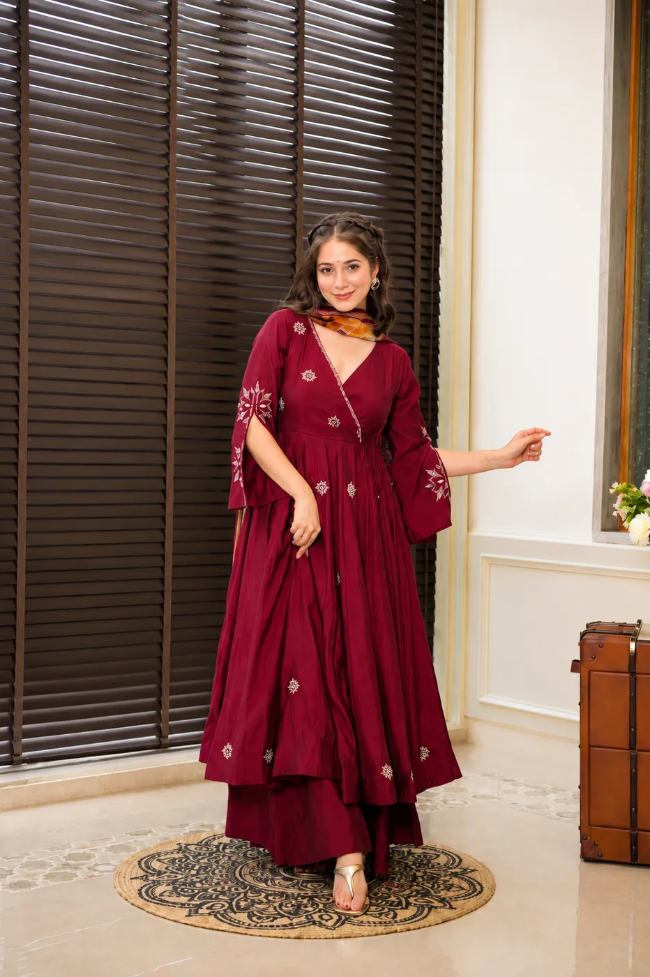 Maroon Embroidered Layered Kurti Gown