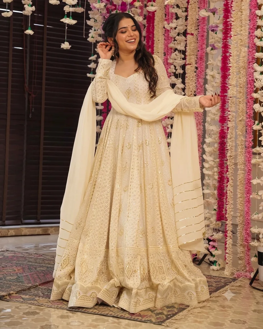 Ivory Embroidered Anarkali Gown for Women