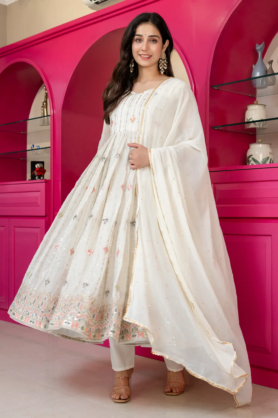 Ivory Sequin Embroidered Anarkali Kurti Set