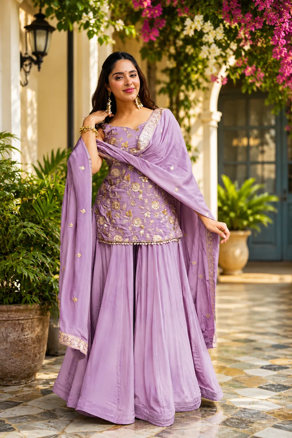 Lavender Embroidered Peplum Sharara Set