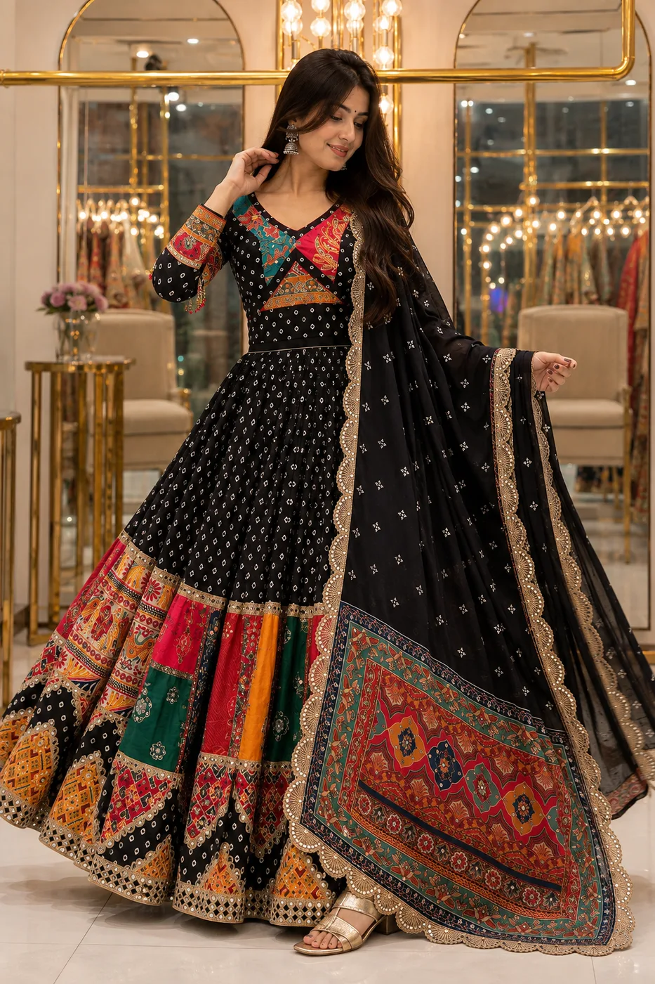 Black Bandhani Mirror Work Anarkali Gown