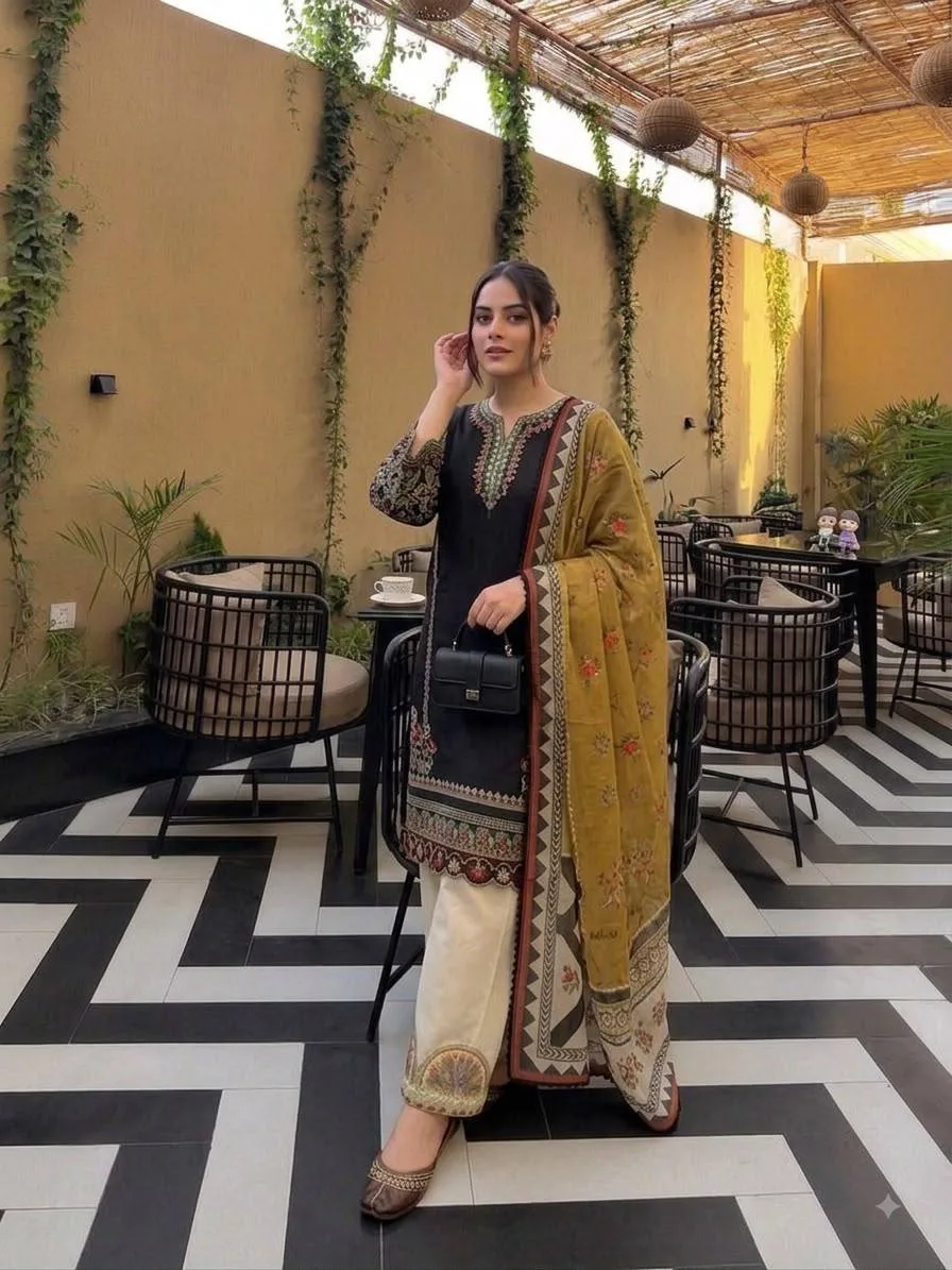 Olive Embroidered 3-Pc Kurta Set for Women