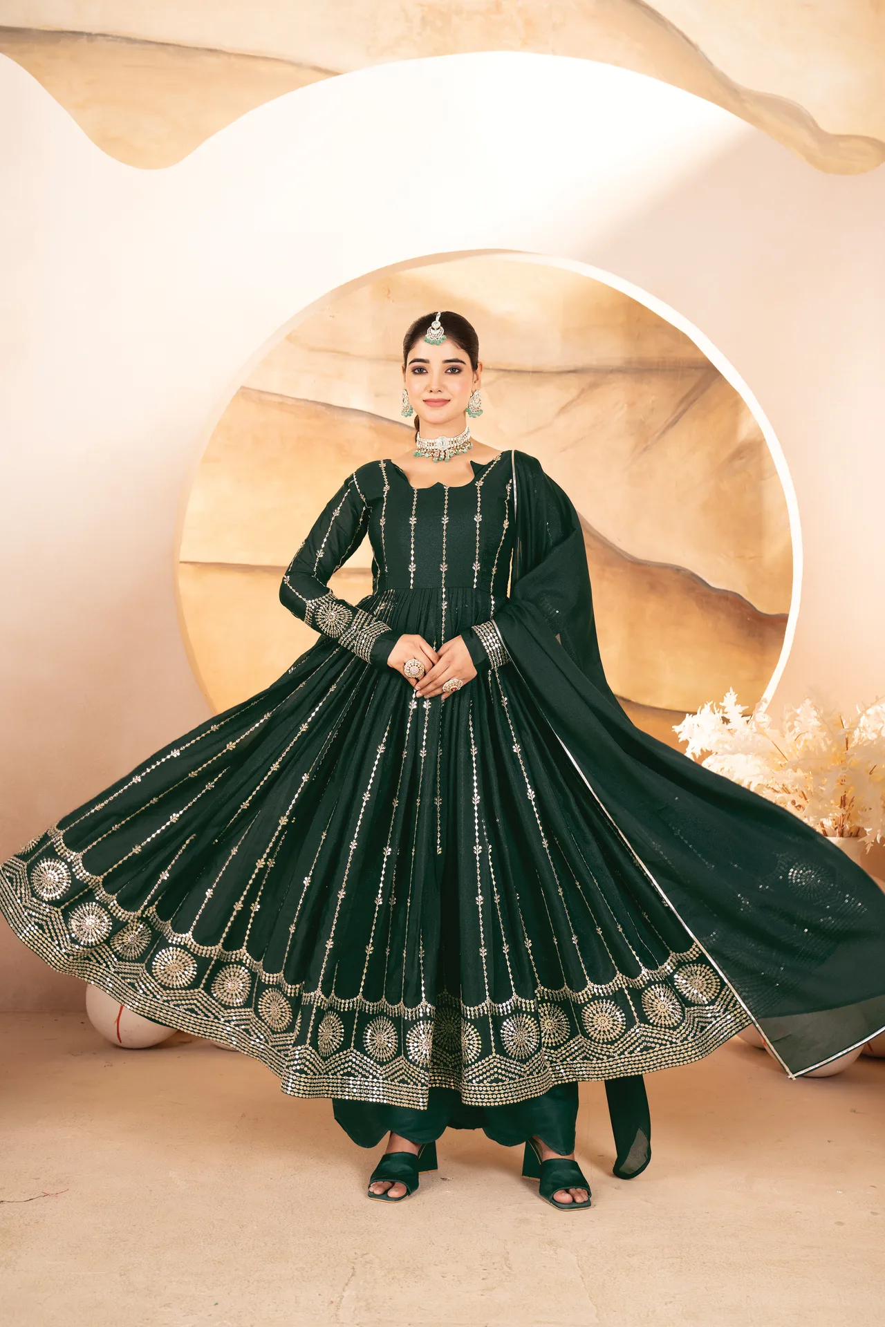 Bottle Green Mirror Work Anarkali Gown
