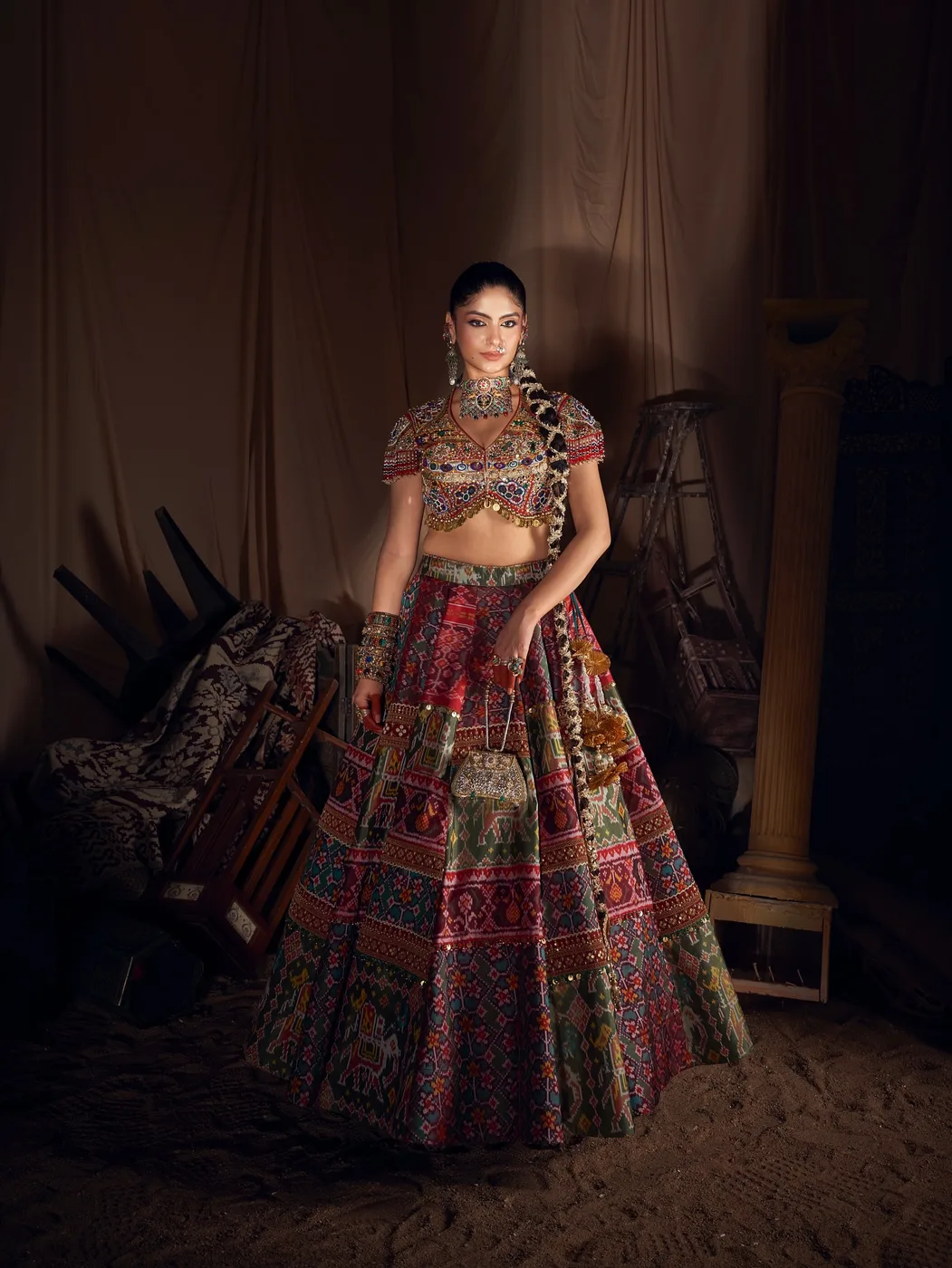 Multicolor Patola Print Mirror Work Kanak Varnaabha Lehenga Set
