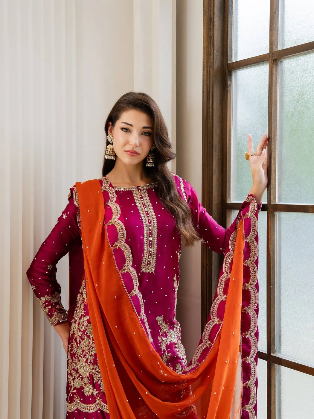 Rani Pink Mirror Work Kurta Set for Women