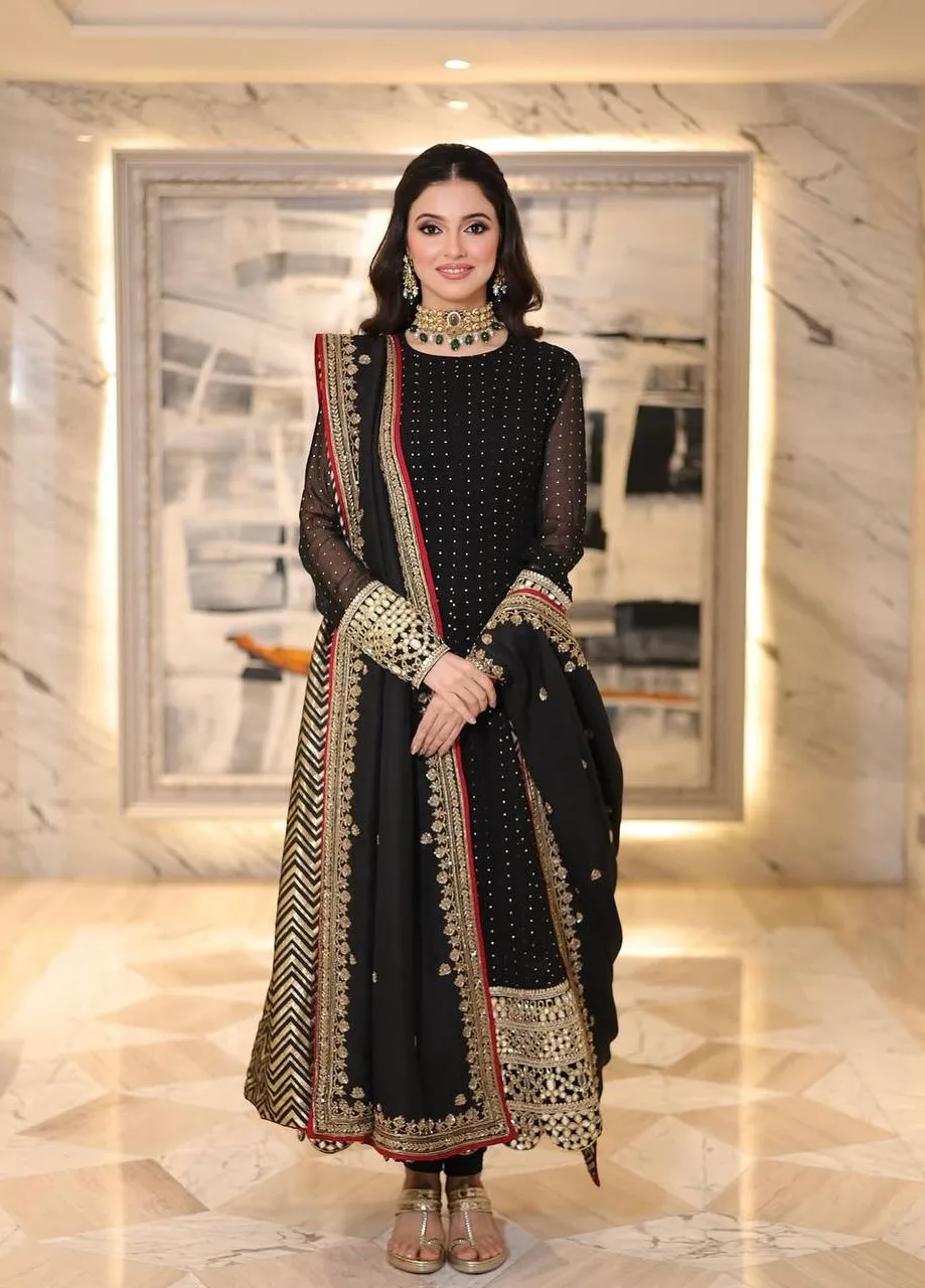 Black Mirror Work Anarkali Kurti Set for Women