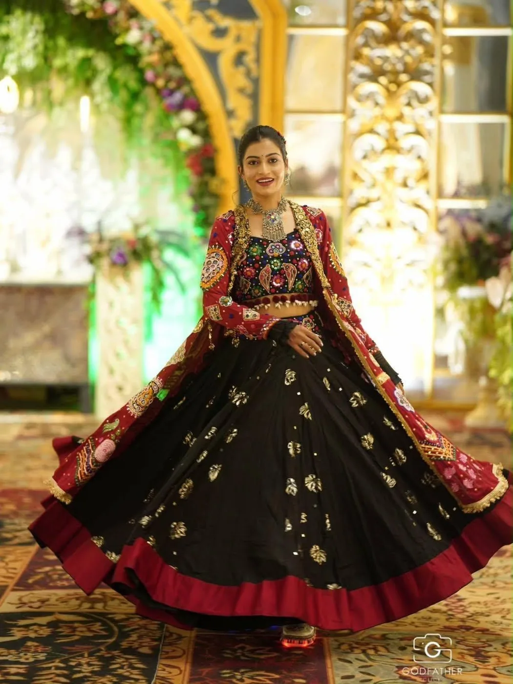 Maroon Mirror Work Jacket Lehenga Set