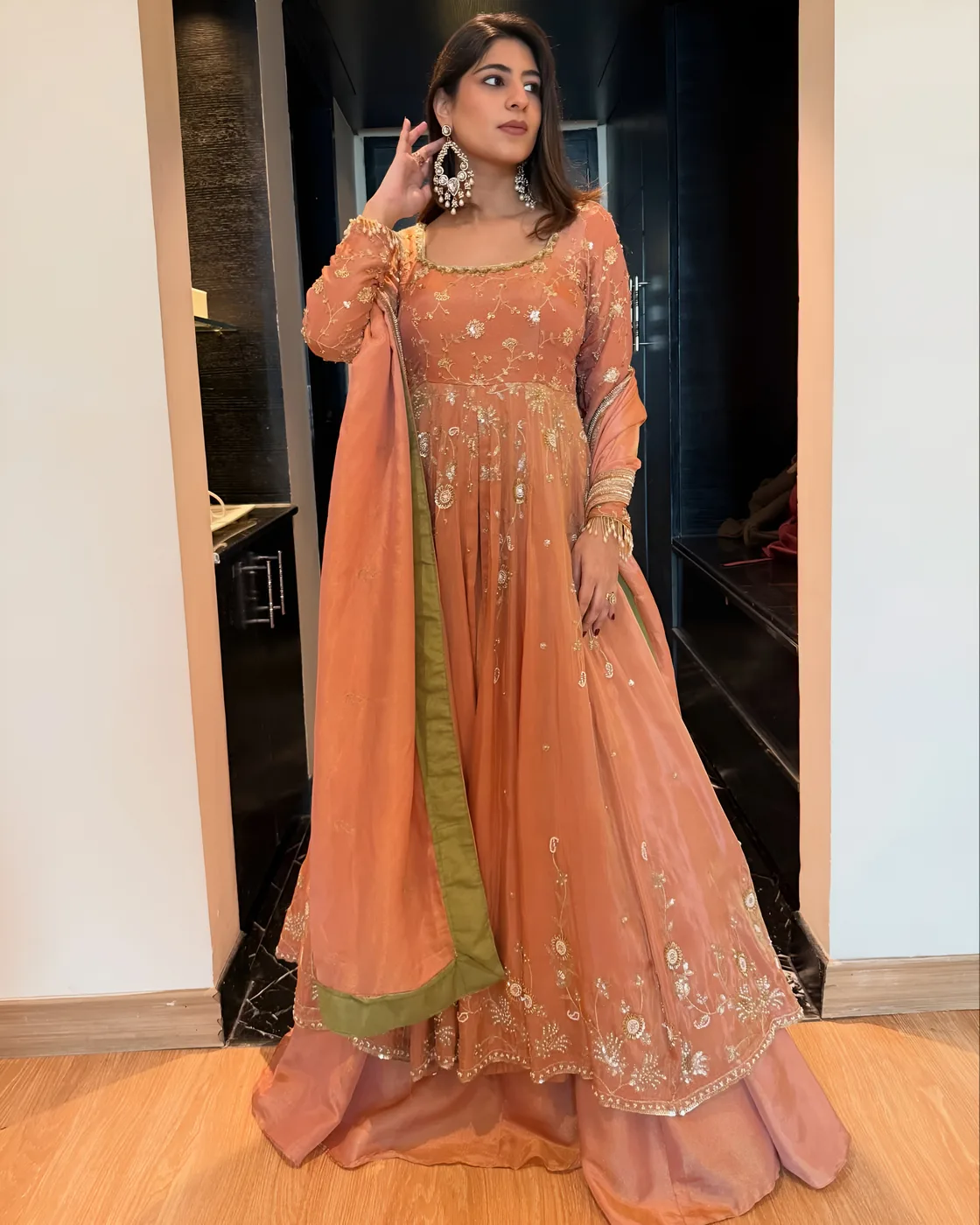Rust Orange Embroidered Anarkali Gown for Women